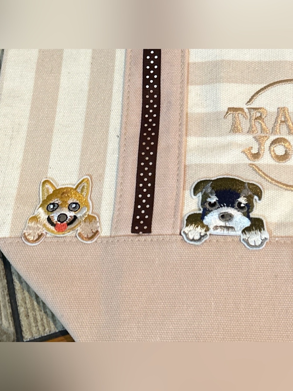 Upcycled Trader Joe's Tan Striped Tote with Dog Patch Accents (3 of 3) - Picture 2 of 5